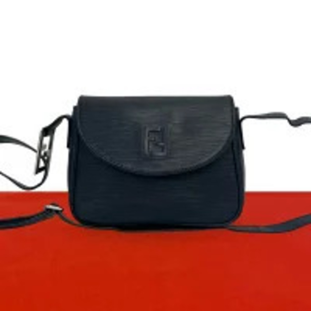 Fendi FF Epi Leather Shoulder Bag Pouch Clutch Sacoche Navy Blue